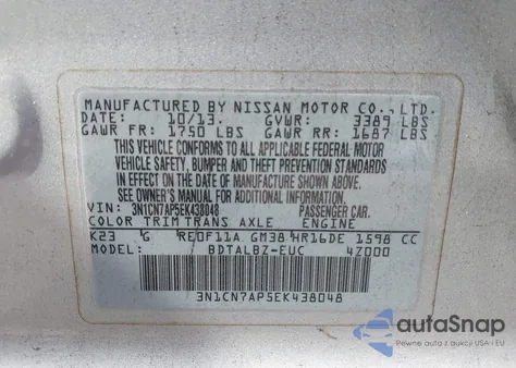 2014 Nissan Versa 1.6 Sv z USA, uszkodzony, nr VIN 3N1CN7AP5EK438048